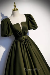 Charming Dark Green Puffy Sleeves Long Evening Gown, Satin Floor Length Evening Prom Dress