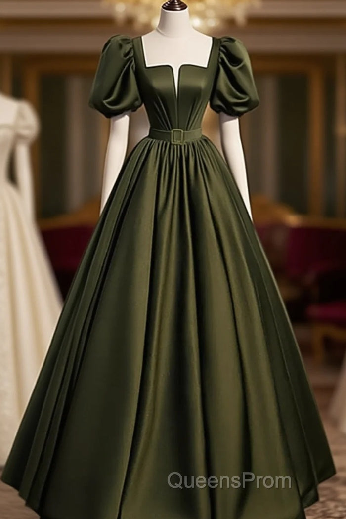 Charming Dark Green Puffy Sleeves Long Evening Gown, Satin Floor Length Evening Prom Dress Main image