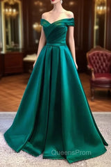 Charming Dark Green Satin Long Junior Evening Prom Dress, Off Shoulder Evening Gown