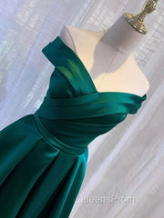 Charming Dark Green Satin Long Junior Evening Prom Dress, Off Shoulder Evening Gown