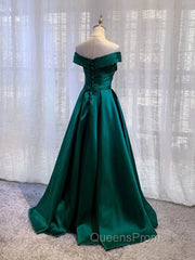 Charming Dark Green Satin Long Junior Evening Prom Dress, Off Shoulder Evening Gown