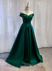 Charming Dark Green Satin Long Junior Evening Prom Dress, Off Shoulder Evening Gown