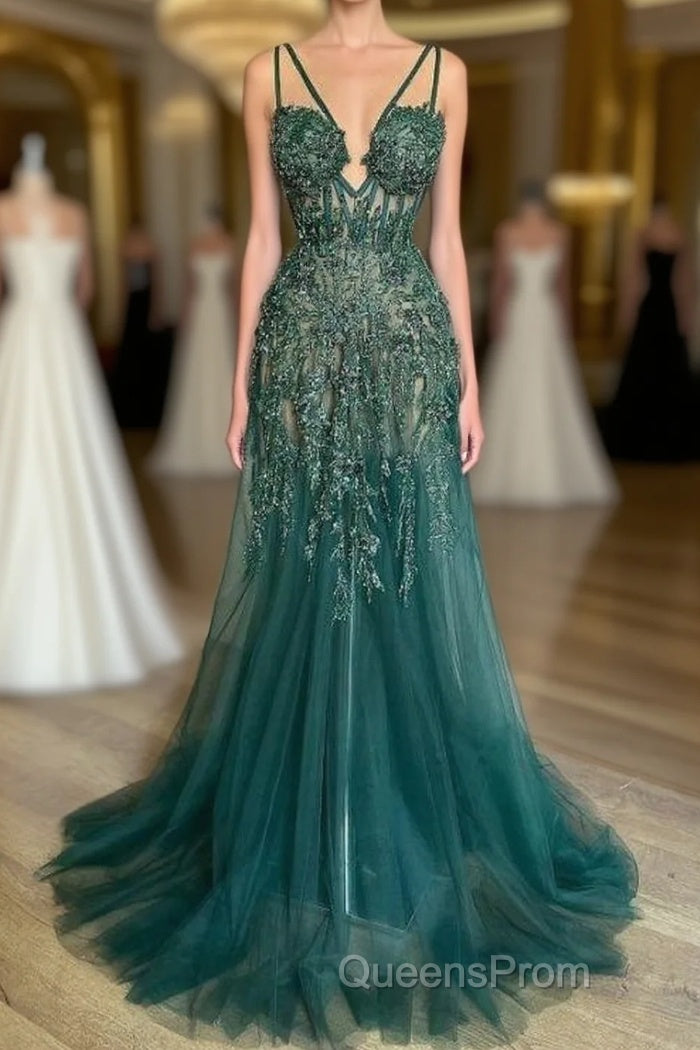 Charming Dark Green Tulle Long Evening Dress Sweetheart Sleeveless Formal Evening Prom Dress Main image