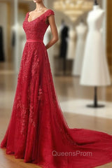 Charming Dark Red Lace A-line Long Evening Prom Dress, Red Evening Gown
