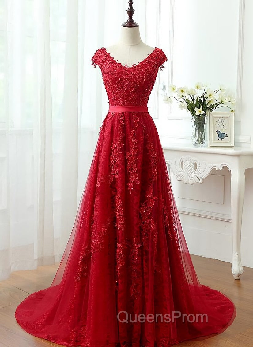 Charming Dark Red Lace A-line Long Evening Prom Dress, Red Evening Gown Main image