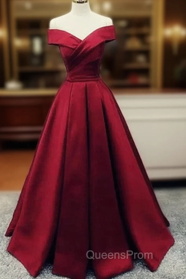 Charming Dark Red Satin A-line Off Shoulder Gown, Evening Prom Dress Main image
