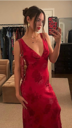 Charming Deep V Neck Satin Print Floral Long Classy Evening Gown Classy Prom Dress