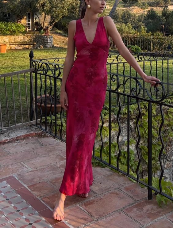 Charming Deep V Neck Satin Print Floral Long Classy Evening Gown Classy Prom Dress