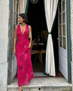 Charming Deep V Neck Satin Print Floral Long Classy Evening Gown Classy Prom Dress