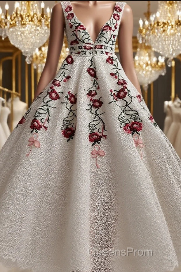 Charming Floral Embroidery Long Evening Prom Dress V Neck A Line Party Dress