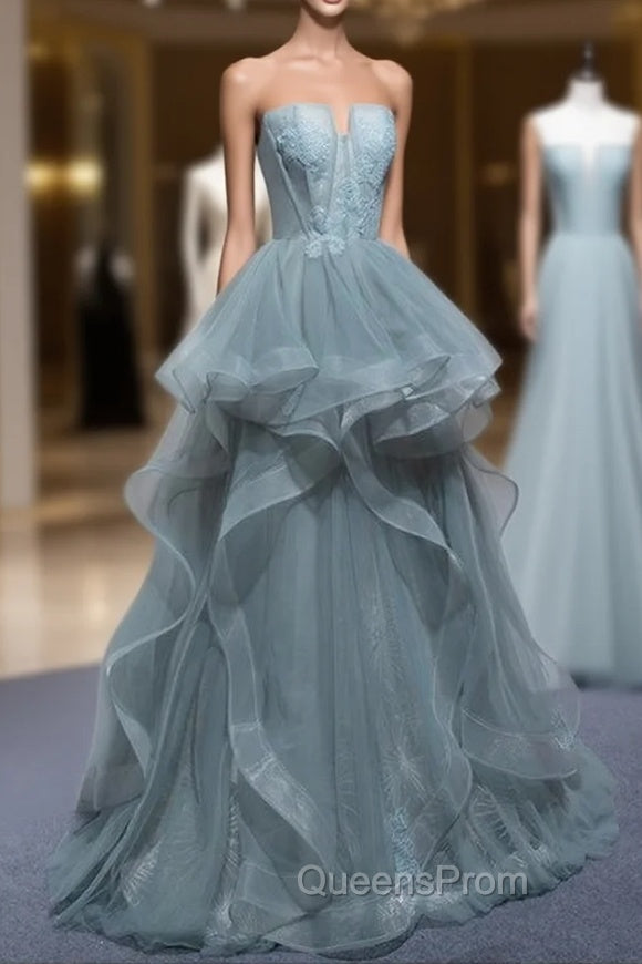 Charming Green Tulle Straps Layers Long Evening Dress, Tulle Party Dress Evening Prom Dress