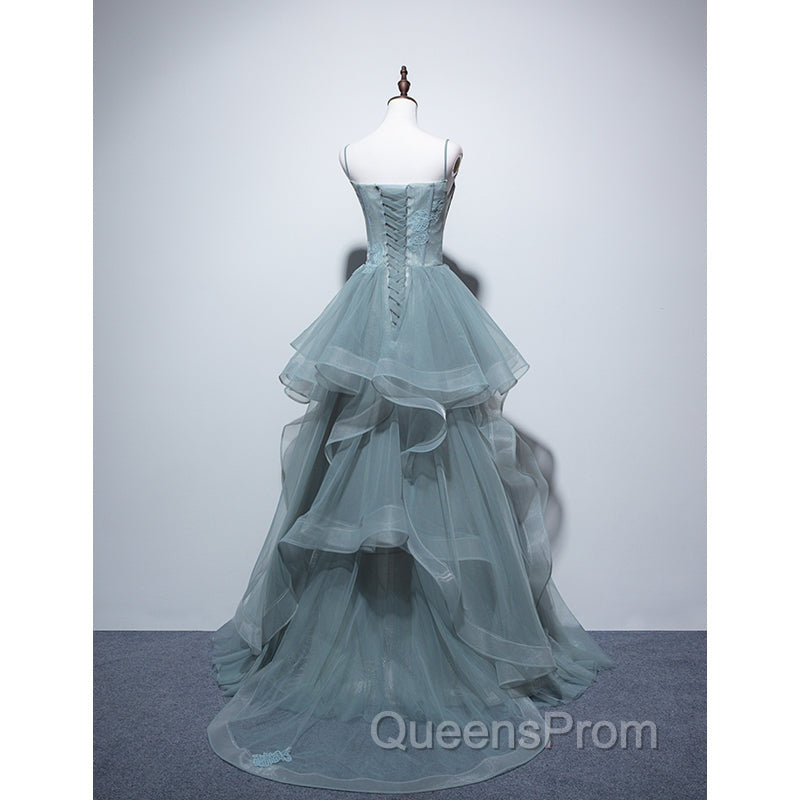Charming Green Tulle Straps Layers Long Evening Dress, Tulle Party Dress Evening Prom Dress