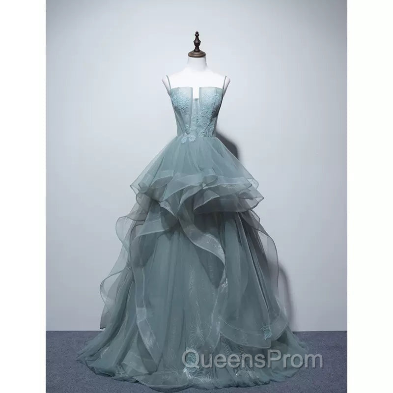 Charming Green Tulle Straps Layers Long Evening Dress, Tulle Party Dress Evening Prom Dress