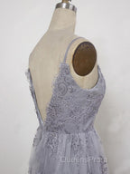 Charming Grey Lace Evening Party Dress , High Quality Evening Gown