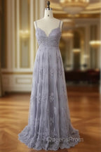 Charming Grey Lace Evening Party Dress , High Quality Evening Gown