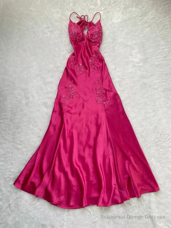 Charming Hot Pink Long Evening Gown Beaded Prom Dress Party Dress Main image