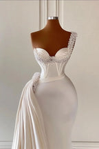 Charming Ivory One Shoulder Sleeveless Sweetheart A-Line Bridal Dress With Beads