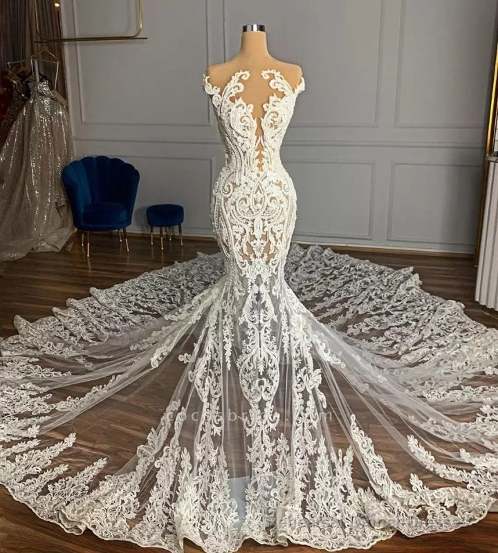 Charming Jewel Garden Sleeveless Mermaid Lace Wedding Dress with Appliques Main image