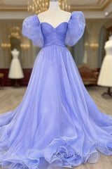 Charming Lavender Puffy Sleeves Long Evening Dress, A-line Evening Dress