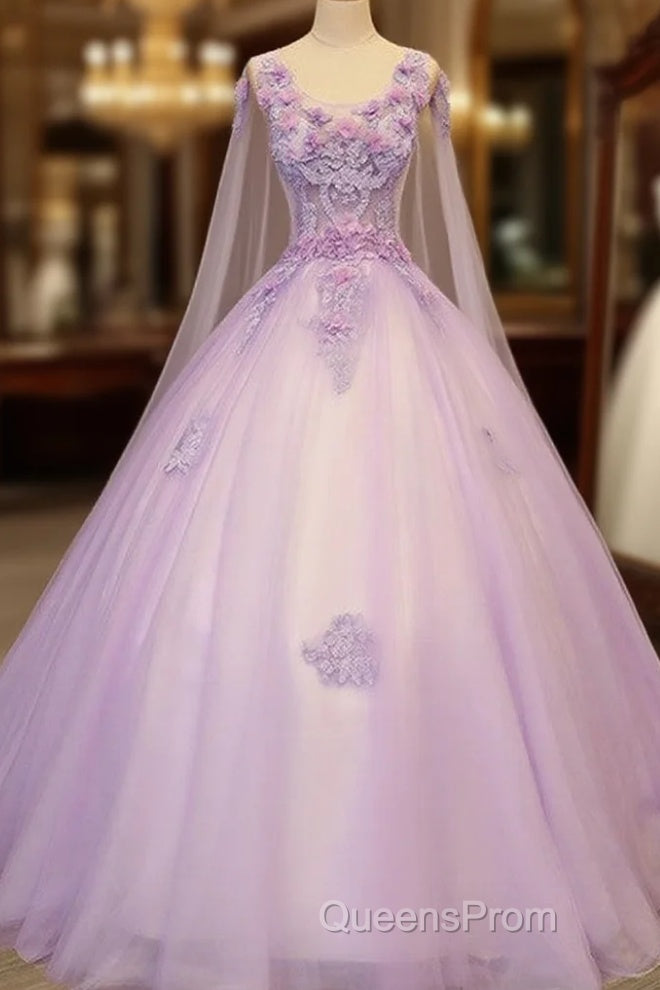 Charming Lavender Tulle Flowers Long Evening Prom Dress, Sweet 16 Gowns Main image