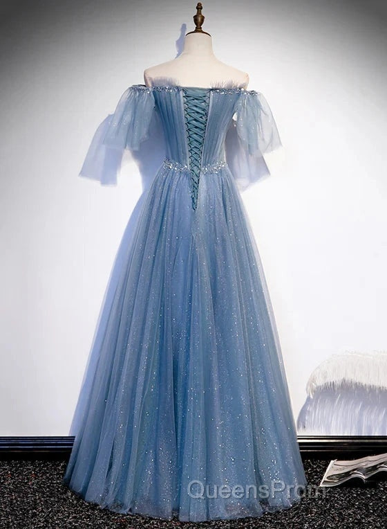 Charming Light Blue Tulle Puffy Sleeves Floor Length Party Dress A-Line Pricess Gowns Evening Prom Dress Sparkly Secondary image
