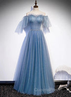 Charming Light Blue Tulle Puffy Sleeves Floor Length Party Dress A-Line Pricess Gowns Evening Prom Dress Sparkly