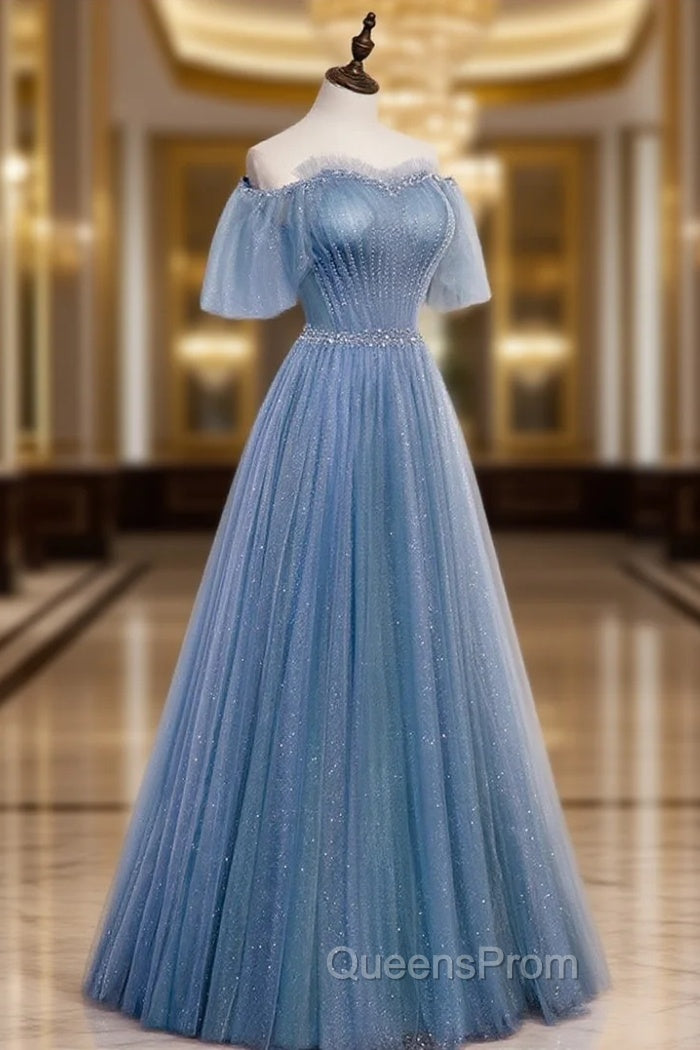 Charming Light Blue Tulle Puffy Sleeves Floor Length Party Dress, Blue A-line Pricess Gowns Evening Prom Dress Main image