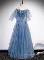 Charming Light Blue Tulle Puffy Sleeves Floor Length Party Dress, Blue A-line Pricess Gowns Evening Prom Dress