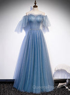 Charming Light Blue Tulle Puffy Sleeves Floor Length Party Dress, Blue A-line Pricess Gowns Evening Prom Dress