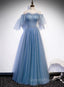 Charming Light Blue Tulle Puffy Sleeves Floor Length Party Dress, Blue A-line Pricess Gowns Evening Prom Dress
