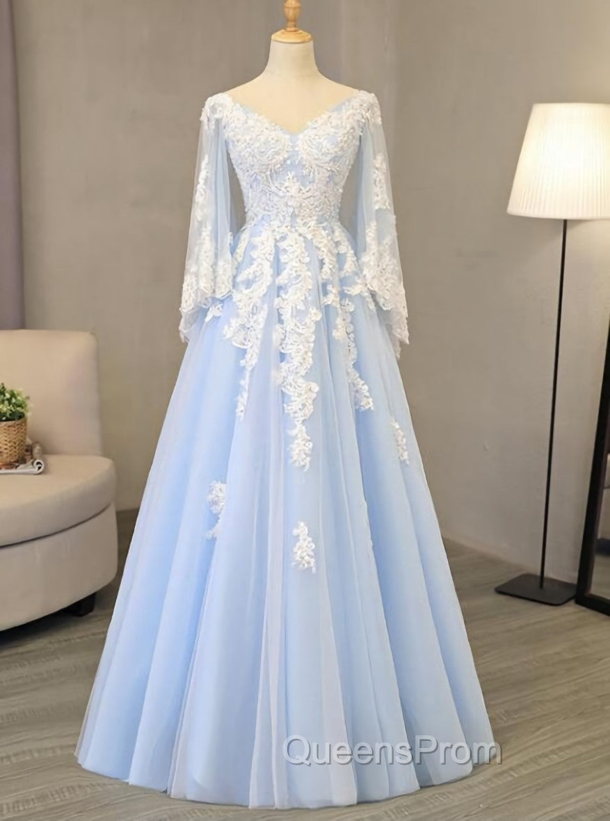 Charming Light Blue Tulle V-neckline Long Party Dress, Evening Prom Dress Secondary image