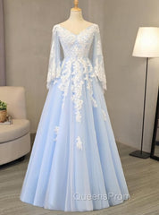 Charming Light Blue Tulle V-neckline Long Party Dress, Evening Prom Dress