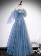 Charming Light Blue Tulle Puffy Sleeves Floor Length Party Dress, Blue A-Line Pricess Gowns Classy Prom Dress