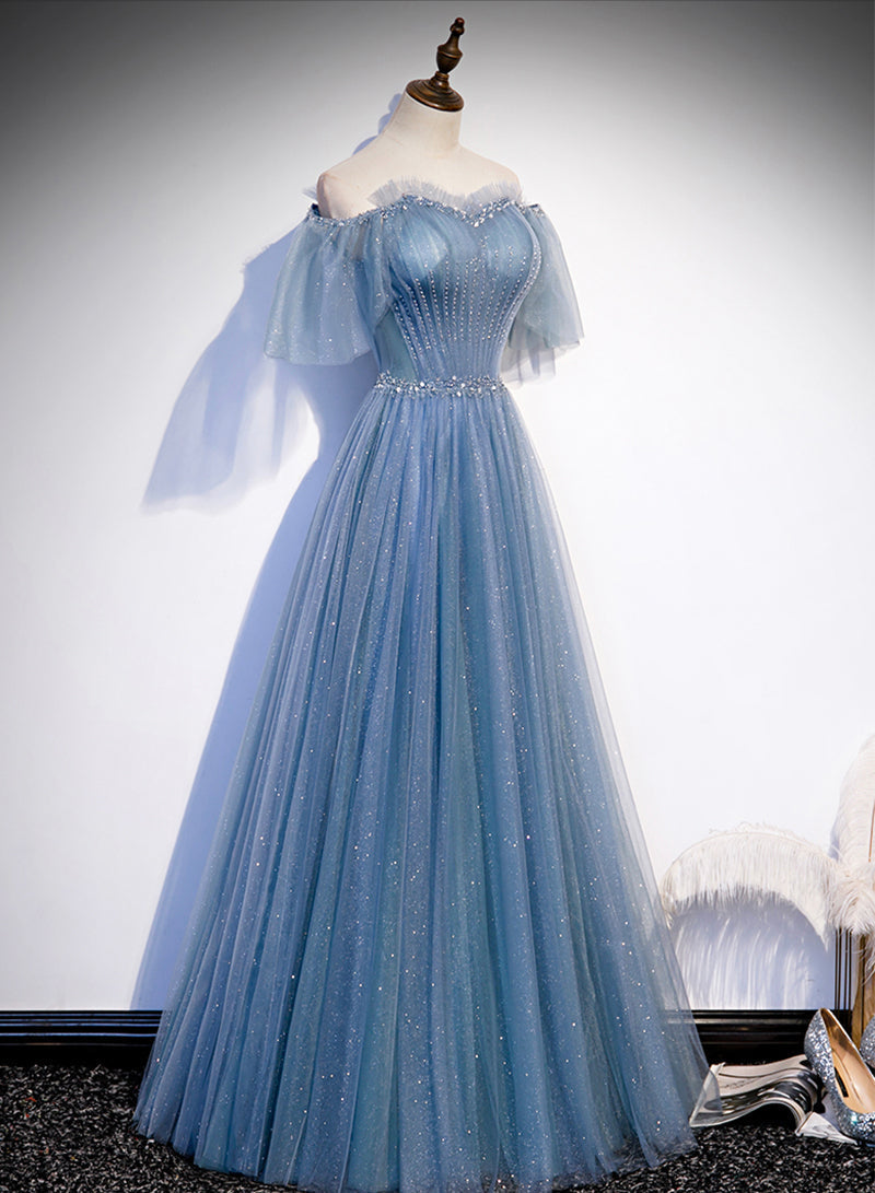 Charming Light Blue Tulle Puffy Sleeves Floor Length Party Dress, Blue A-Line Pricess Gowns Classy Prom Dress