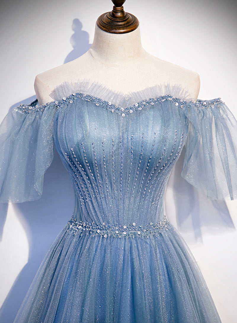 Charming Light Blue Tulle Puffy Sleeves Floor Length Party Dress, Blue A-Line Pricess Gowns Classy Prom Dress