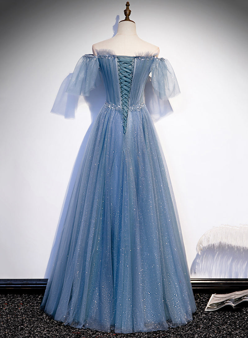 Charming Light Blue Tulle Puffy Sleeves Floor Length Party Dress, Blue A-Line Pricess Gowns Classy Prom Dress