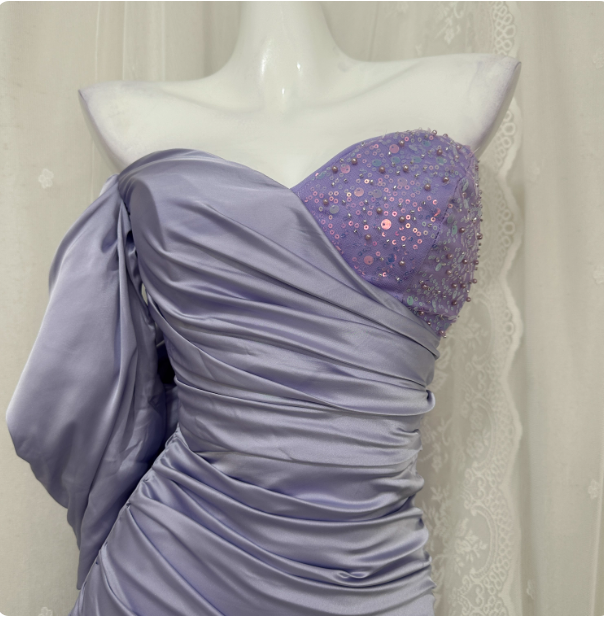 Charming Light Purple Mermaid Sweetheart Neck Pearl Sequin Satin Long Classy Prom Dress