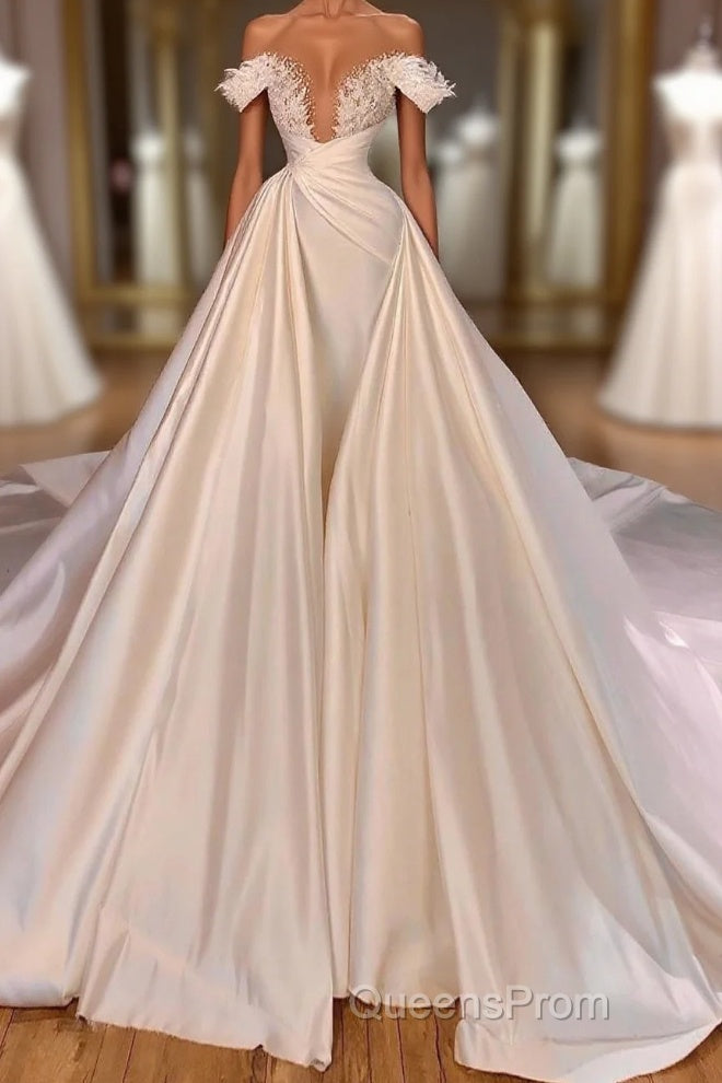 Charming Long A-line Off-the-shoulder Cathedral V-neck Satin Lace Wedding Dress Main image