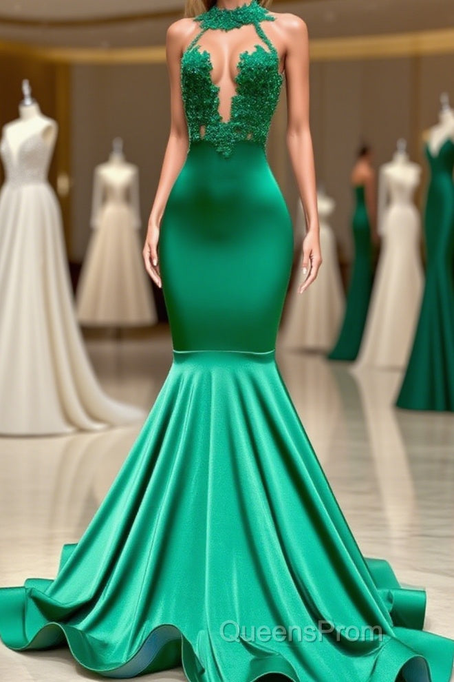 Charming Long Mermaid Halter Stretch Satin Lace Backless Evening Prom Dress Main image