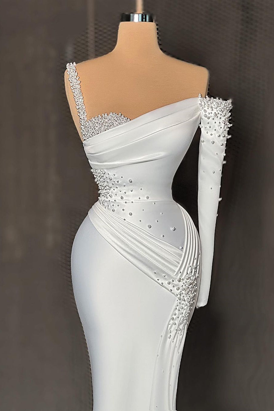 Charming Long Satin One-Shoulder Mermaid Evening Prom Dresses With Beading Secondary image