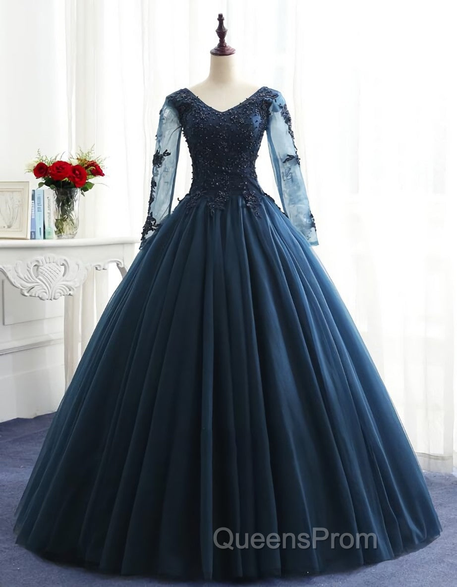 Charming Long Sleeves Navy Blue Tulle Party Gown, Navy Blue Evening Prom Dress Secondary image