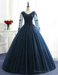 Charming Long Sleeves Navy Blue Tulle Party Gown, Navy Blue Prom Dress