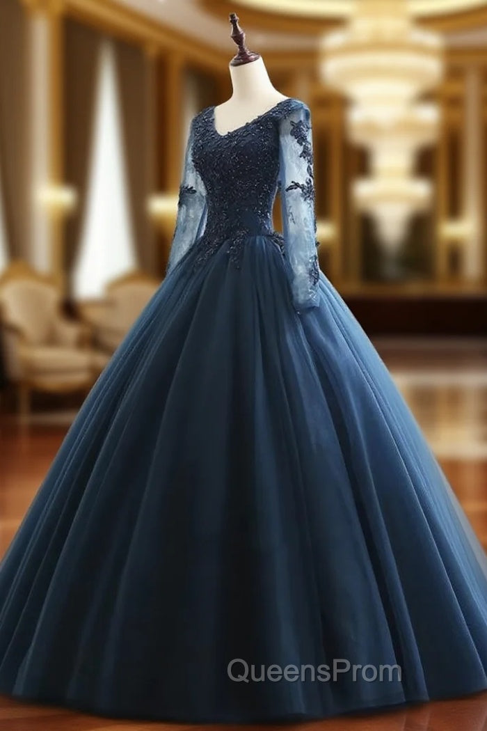 Charming Long Sleeves Navy Blue Tulle Party Gown, Navy Blue Evening Prom Dress Main image
