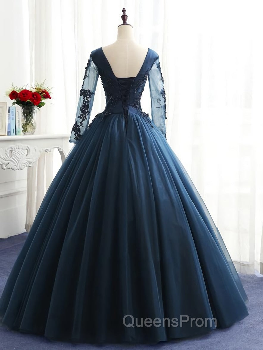 Charming Long Sleeves Navy Blue Tulle Party Gown, Navy Blue Evening Prom Dress
