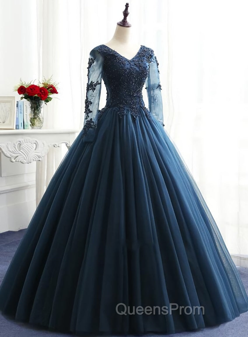 Charming Long Sleeves Navy Blue Tulle Party Gown, Navy Blue Evening Prom Dress