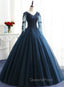 Charming Long Sleeves Navy Blue Tulle Party Gown, Navy Blue Evening Prom Dress