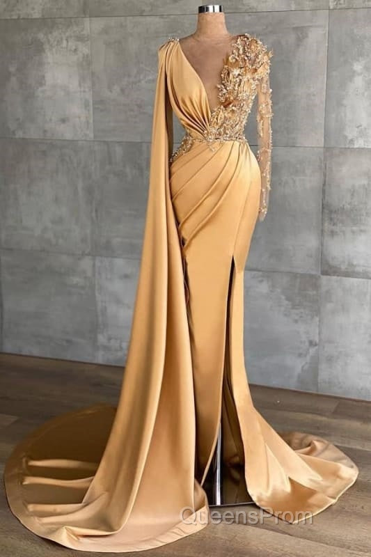 Charming Long Sleeves V-Neck Mermaid Long Evening Dress With Side Train