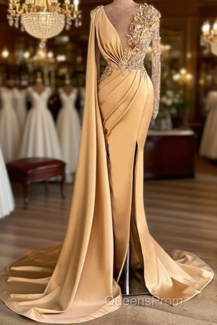 Charming Long Sleeves V-Neck Mermaid Long Evening Dress With Side Train Main image
