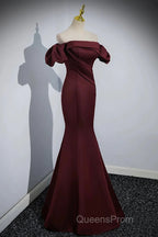 Charming Maroon Satin Mermaid Off Shoulder Evening Prom Dress, Maroon Party Dress