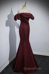 Charming Maroon Satin Mermaid Off Shoulder Evening Prom Dress, Maroon Party Dress